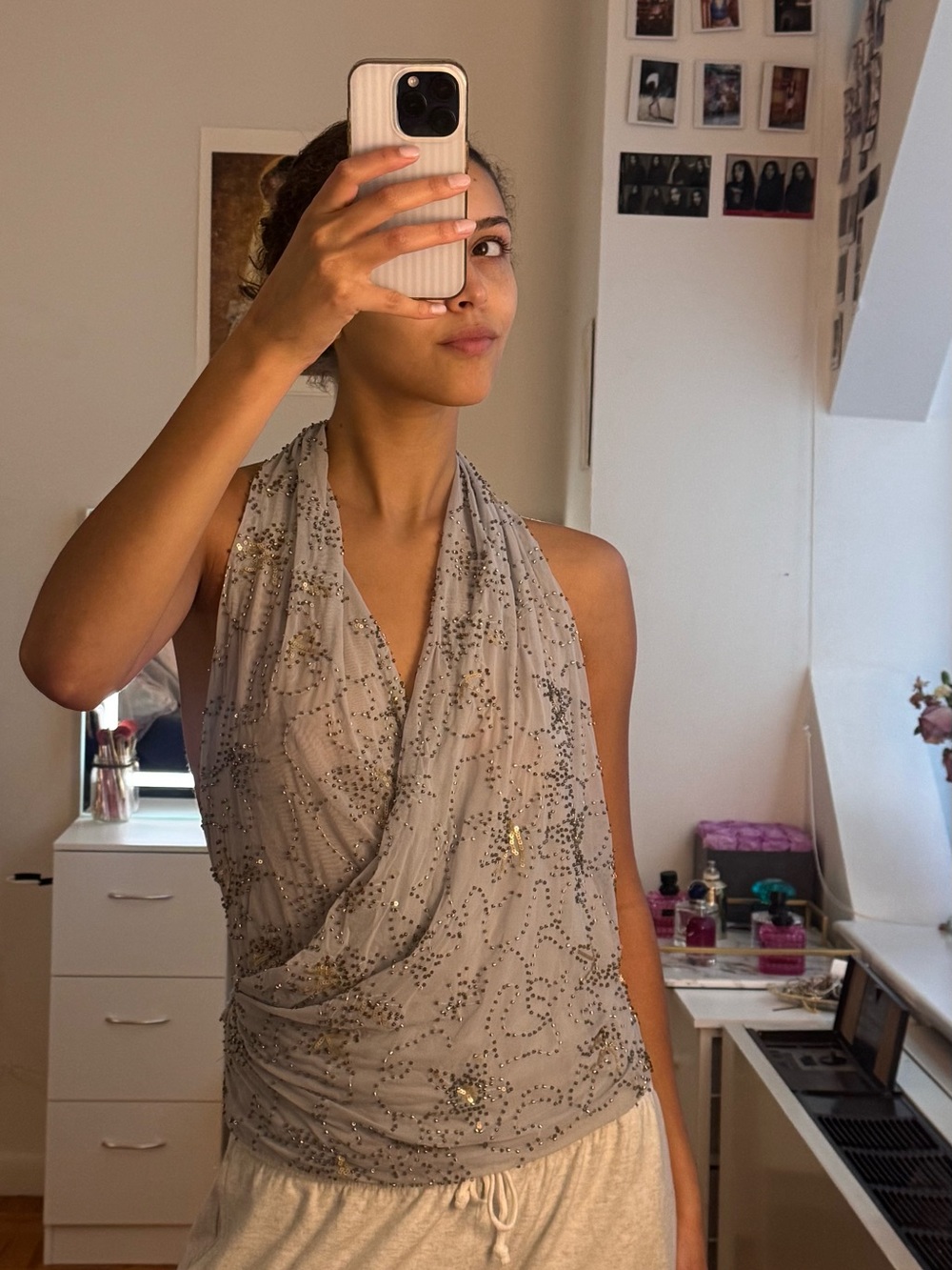 Zara Beaded Draped Halter Top in Light Gray with Gold Accents